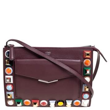 Pre Owned Fendi Burgundy Leather Multicolor Studded Crossbody Bag