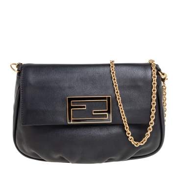 Pre Owned Fendi Black Leather Fendista Chain Shoulder Bag