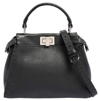 Pre Owned Fendi Black Leather Mini Peekaboo Top Handle Bag