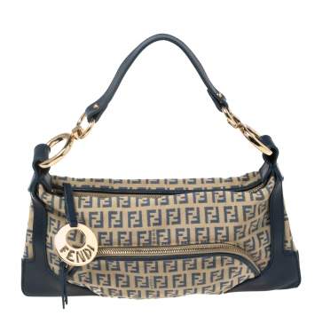 Pre Owned Fendi Navy Blue Zucchino Canvas and Leather Small Chef Bag 