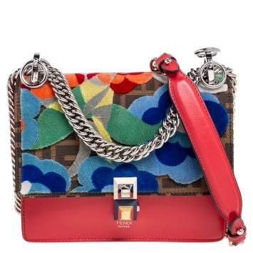 Pre Owned Fendi Red/Brown Floral Zucca Canvas and Leather Kan I Crossbody Bag