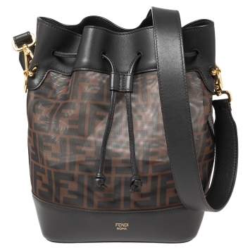 Pre Owned Fendi Brown Zucca Mesh And Leather Mon Tresor Grande Bucket Bag