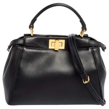 Pre Owned Fendi Black Leather Mini Peekaboo Top Handle Bag