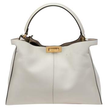 Pre Owned Fendi White Leather Medium Peekaboo X Lite Top Handle Bag