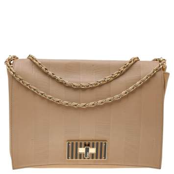 Pre Owned Fendi Beige Pequin Embossed Leather Large Claudia Shoulder Bag