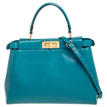 Pre Owned Fendi Green Leather Medium Peekaboo Top Handle Bag