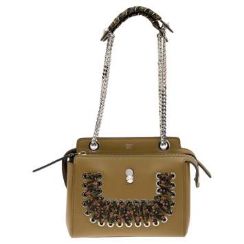 Pre Owned Fendi Olive Green Leather Whipstitch Dotcom Shoulder Bag