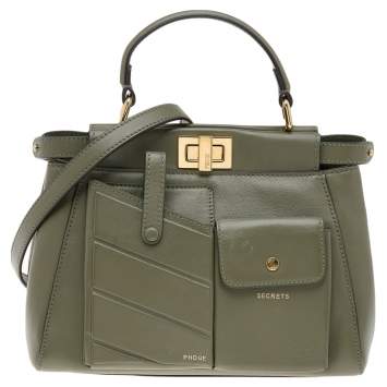 Pre Owned Fendi Green Leather Peekaboo Top Handle Bag