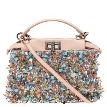 Pre Owned Fendi Beige Leather Sequin Embellished Mini Peekaboo Top Handle Bag