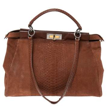 Pre Owned Fendi Cinnamon Brown Python Large Peekaboo Top Handle Bag