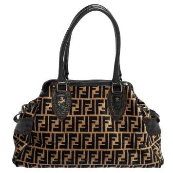 Pre Owned Fendi Black/Tobacco Velvet and Leather Medium Chef De Jour Bag