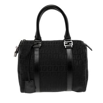 Pre Owned Fendi Black Zucchino Canvas and Leather Forever Bauletto Bag