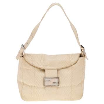 Pre Owned Fendi Light Beige Python Mama Baguette Shoulder Bag