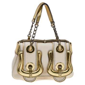 Pre Owned Fendi White/Metallic Gold Canvas And Patent Leather B. Bag Shoulder Bag