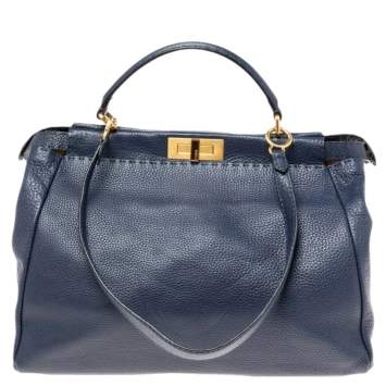 Pre Owned Fendi Blue Selleria Leather Large Peekaboo Top Handle Bag