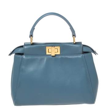 Pre Owned Fendi Blue Leather Mini Peekaboo Top Handle Bag