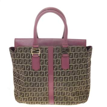 Pre Owned Fendi Brown/Pink Zucchino Canvas And Leather Tote