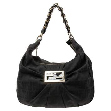 Pre Owned Fendi Black Zucca Canvas Mia Hobo