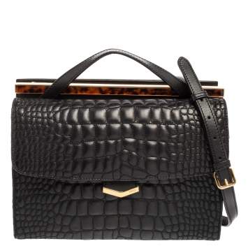 Pre Owned Fendi Black Croc Pattern Embroidered Leather Small Demi Jour Top Handle Bag