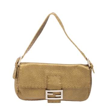 Pre Owned Fendi Metallic Green Sellier Leather Mama Baguette Bag
