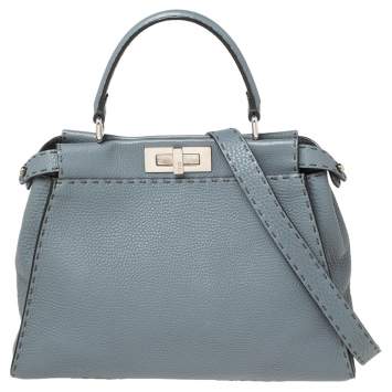 Pre Owned Fendi Stone Blue Selleria Leather Medium Peekaboo Top Handle Bag