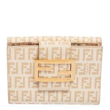 Pre Owned Fendi Cream Zucchino Coated Canvas FF Flap Compact Wallet