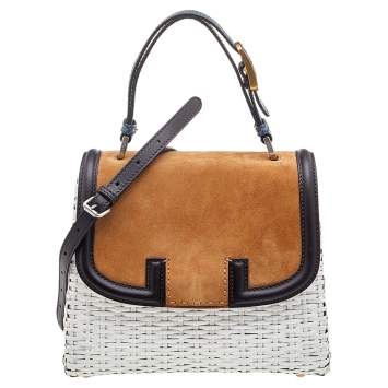 Pre Owned Fendi Multicolor Woven Bamboo and Suede Silvana Top Handle Bag