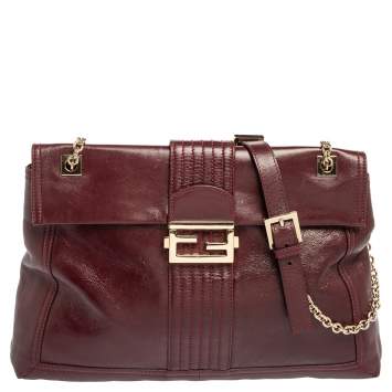 Pre Owned Fendi Dark Red Leather Maxi Baguette Flap Shoulder Bag