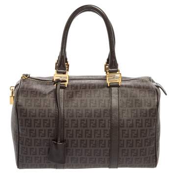 Pre Owned Fendi Brown Zucchino Coated Canvas and Leather Forever Bauletto Boston Bag