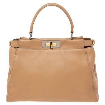 Pre Owned Fendi Beige Leather Medium Peekaboo Top Handle Bag