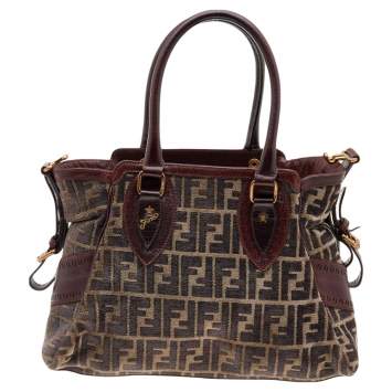 Pre Owned Fendi Brow/Beige Zucca Velvet and Leather Small Chef De Jour Bag
