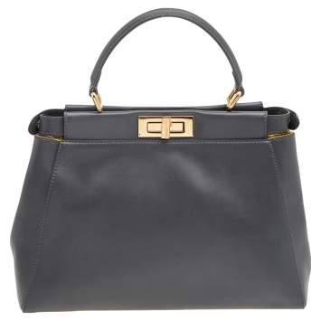 Pre Owned Fendi Grey Leather Medium Peekaboo Top Handle Bag