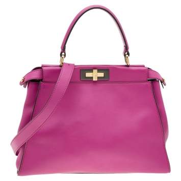Pre Owned Fendi Pink Leather Medium Peekaboo Top Handle Bag