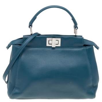 Pre Owned Fendi Blue Leather Mini Peekaboo Top Handle Bag
