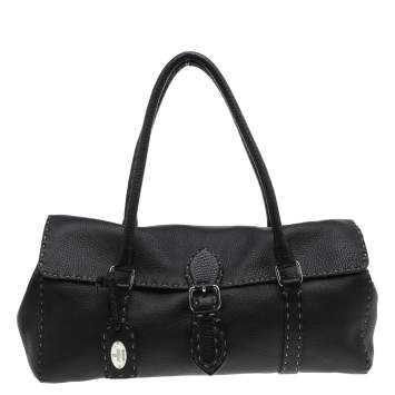 Pre Owned Fendi Black Selleria Leather Linda Flap Satchel