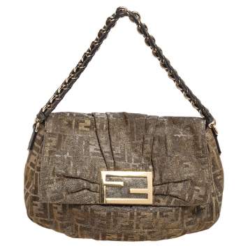 Pre Owned Fendi Silver/Gold Zucca Lurex Fabric Mia Flap Shoulder Bag