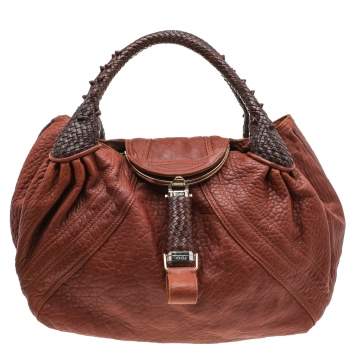 Pre Owned Fendi Brown Textured Leather Braided Handle Spy Hobo