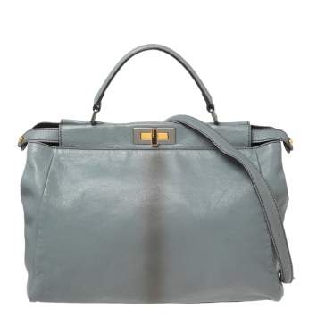 Pre Owned Fendi Ash Blue Leather Large Peekaboo Top Handle Bag