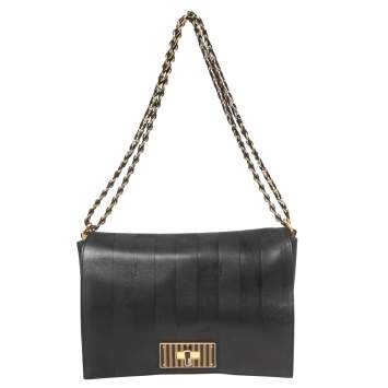 Pre Owned Fendi Black Pequin Embossed Leather Large Claudia Shoulder Bag