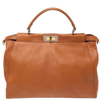 Pre Owned Fendi Brown Leather Large Peekaboo Top Handle Bag