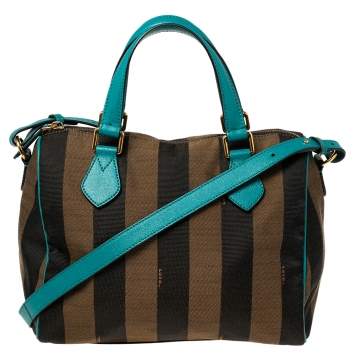 Pre Owned Fendi Tobacco/Teal Pequin Canvas and Leather Forever Boston Bag