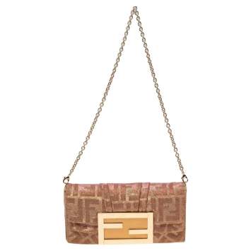 Pre Owned Fendi Gold/Pink Zucca Lurex Fabric Mia Pochette Bag
