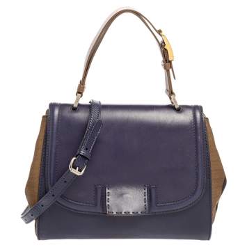 Pre Owned Fendi Blue/Tobacco Penguin Stripe Canvas and Leather Silvana Top Handle Bag