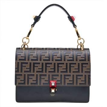 Pre Owned Fendi Black/Tobacco Zucca Embossed Leather Small Kan I Top Handle Bag
