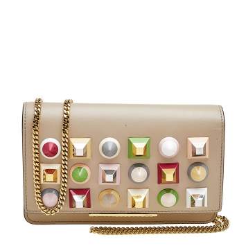 Pre Owned Fendi Beige Leather Rainbow Stud Tube Wallet On Chain