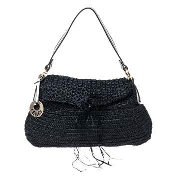 Pre Owned Fendi Black Woven Straw Flap Shoulder Bag