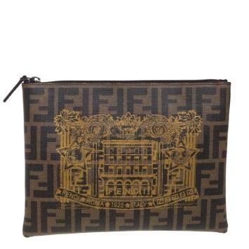 Pre Owned Fendi Tobacco Zucca Coated Canvas Flat Zip Pouch
