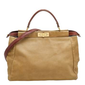 Pre Owned Fendi Beige/Brown Leather Large Peekaboo Top Handle Bag