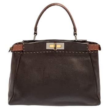 Pre Owned Fendi Dark Brown Leather Small Peekaboo Top Handle Bag