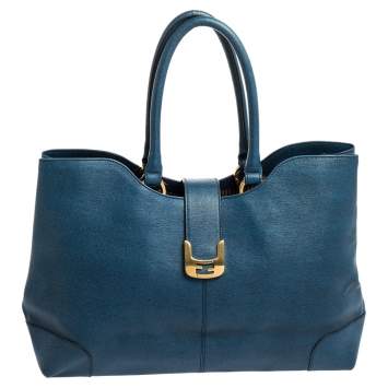 Pre Owned Fendi Blue Leather Chameleon Shopping Tote